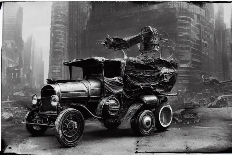 Image similar to cyberpunk 1 9 0 8 model ford t by paul lehr, jesper ejsing, metropolis, parked by view over city, vintage film photo, damaged photo, scratched photo, scanned in, old photobook, silent movie, black and white photo