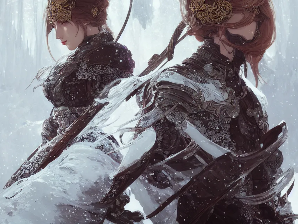 Image similar to portrait ninja gaiden girl, armor wardrobe at snowy fuji mountain, fantasy, intricate and very beautiful and elegant, highly detailed, digital painting, artstation, concept art, smooth and sharp focus, illustration, art by tian zi and wlop and alphonse mucha