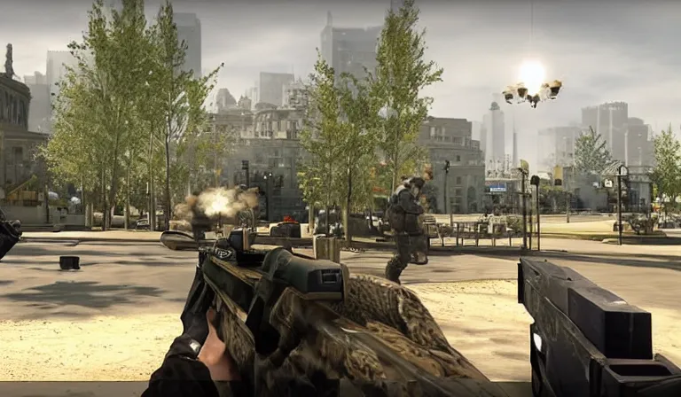 Prompt: screen shot of COD, in the park, Gun in the lower right corner