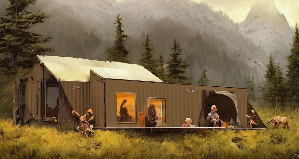 Image similar to cabela's beautiful comfortable carbon framed, modular insulated wall portable container home kit - house all weather family dwelling tent house, person in foreground, mountainous forested wilderness open fields, beautiful views, painterly concept art, environmental concept art, concept art illustration, by james gurney, by craig mullins, by greg rutkowski trending on artstation