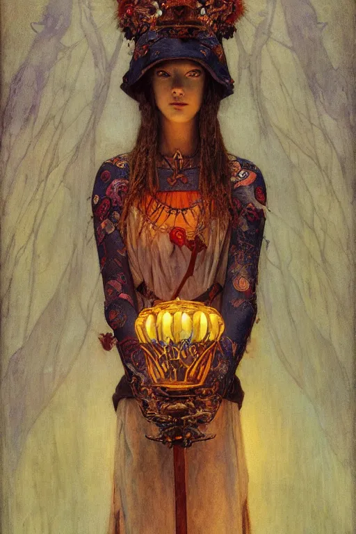 Image similar to queen of the dead with her lantern and regalia, by Annie Swynnerton and Nicholas Roerich and jean delville and Gaston Bussière, black leather and embroidered velvet, iridescent beetles, rich color, ramatic cinematic lighting, featured on Artstation, extremely detailed