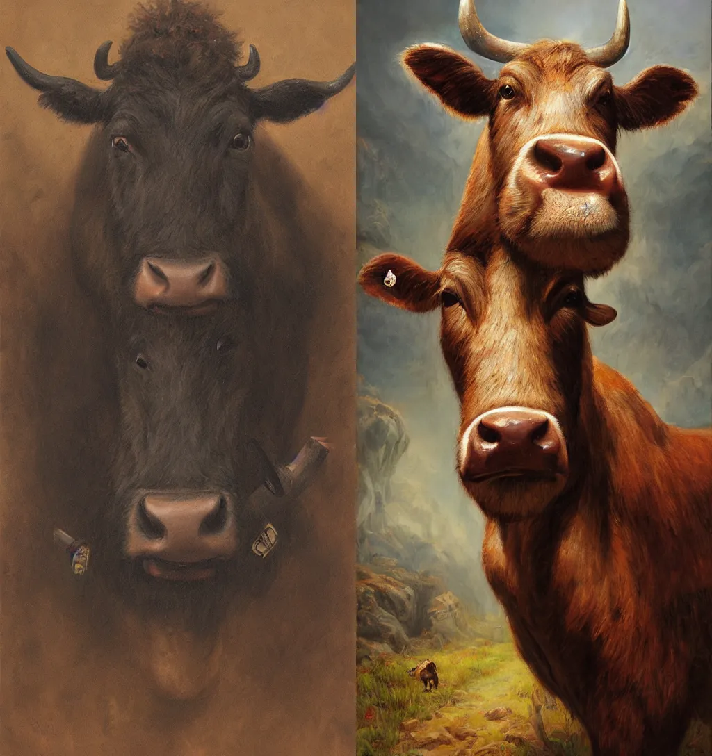 Prompt: portrait of a guerrilla cow by Justin Gerard ,