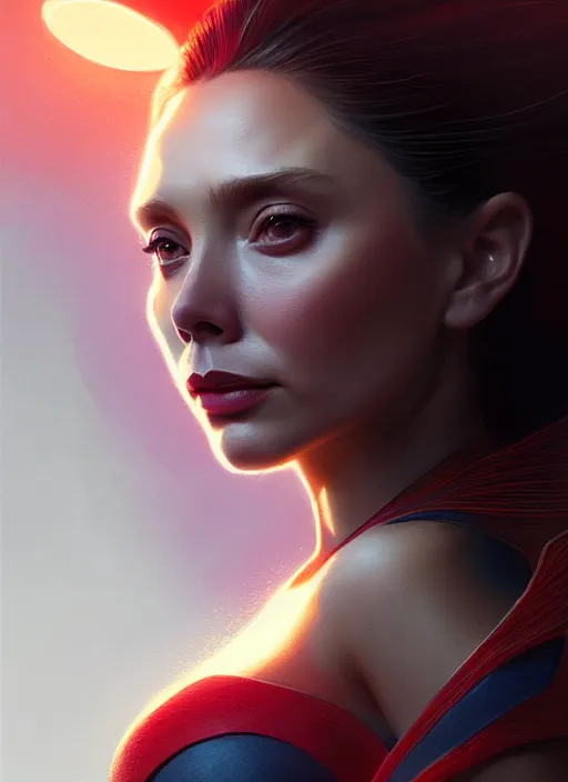 Image similar to portrait of modern darna, elizabeth olsen, intricate, elegant, glowing lights, highly detailed, digital painting, artstation, glamor pose, concept art, smooth, sharp focus, illustration, art by wlop, mars ravelo and greg rutkowski