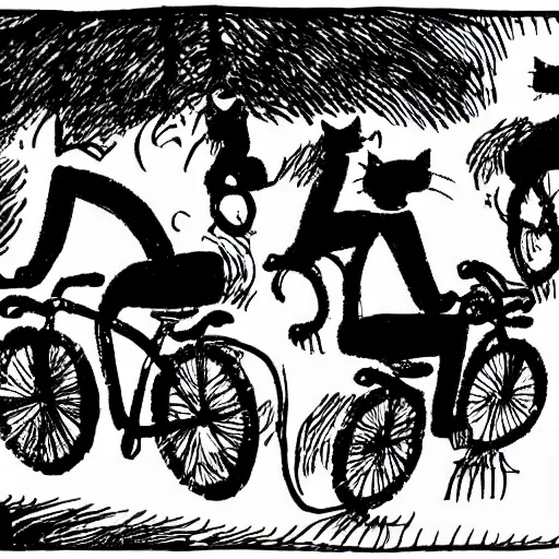 Image similar to cats riding bicycles, black and white, cartoon style, highly detailed, grainy