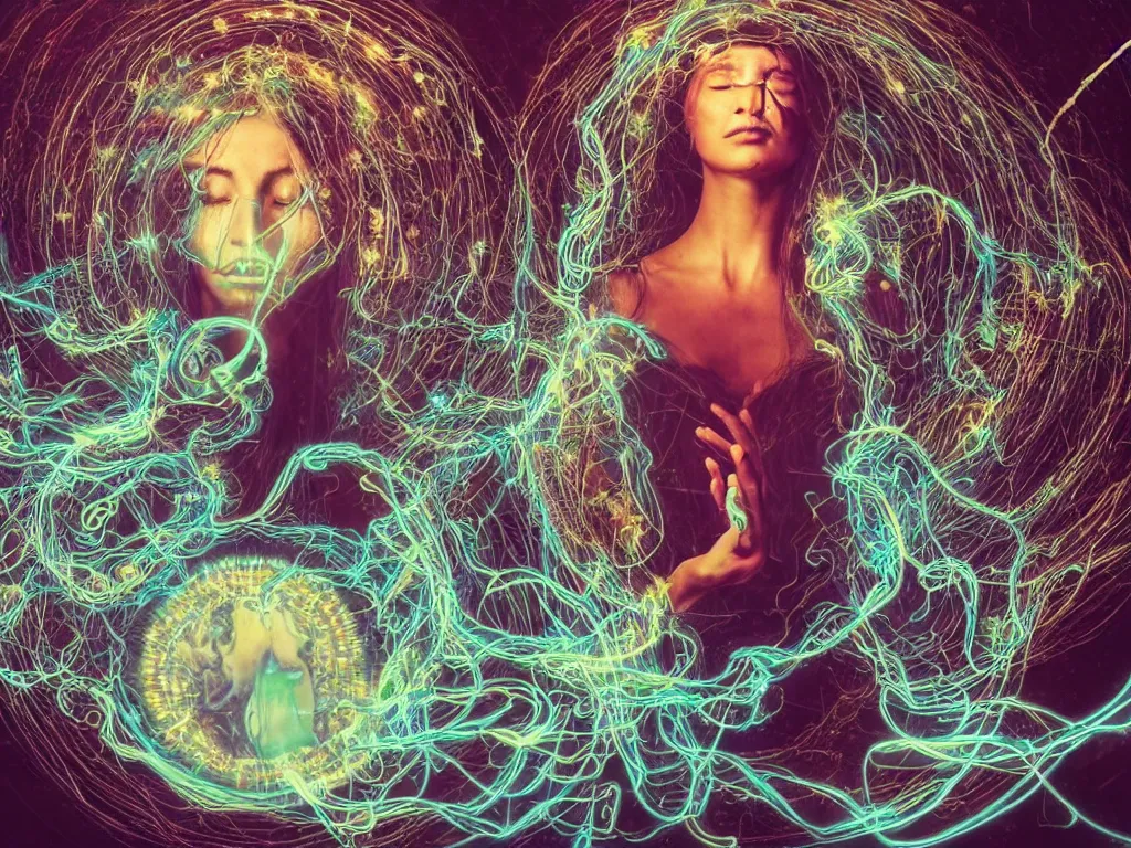 Image similar to an ancient mystical alluring female shaman meditating in a cybernetic robot temple generating flowing spiral energy and surrounded by wisps of incense smoke, face face face