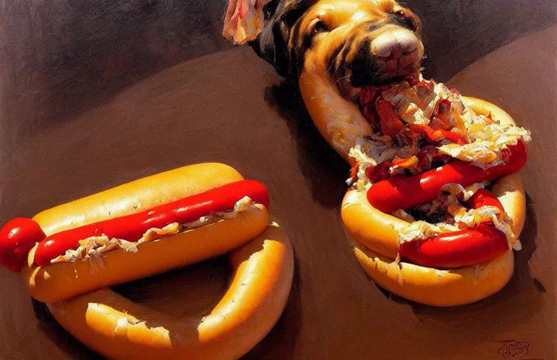 Prompt: portrait of a hot dog!!!!!!!!!!!!!!!!!!!!!!!!!!!, detailed face, detailed painting,, epic lighting, by ilya repin, phil hale and kent williams