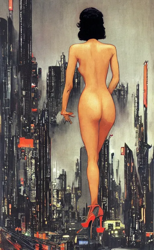 Image similar to an elegant Black woman in dress and heels, her back is to us, looking at a futuristic Blade Runner city, by Robert McGinnis.