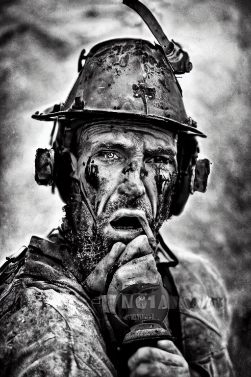 Prompt: realistic photograph of a rugged gas man in the middle of battle, highly detailed, cinematic, portrait, close - up,