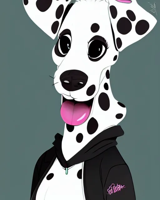 Image similar to digital painting full body of anthropomorphic furry female dalmatian dog, in style of zootopia, female fursona, furry, furaffinity, 4 k, deviantart, furry art, fursona art, wearing a black hoodie, dog fursona, female, cute detailed feminine face,