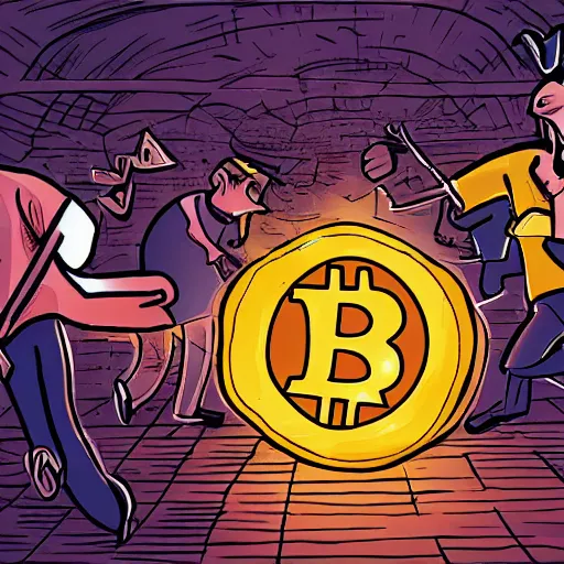 Image similar to people running away scared from a giant with bitcoin head, comic art, 8k