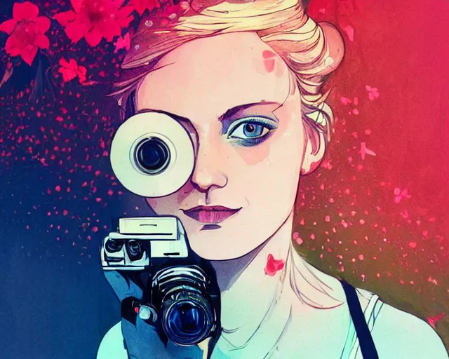 Image similar to pale young woman with bright blonde hair, freckles, blue eyes and a wide face, flowery dress, she is holding a professional dslr camera close to her face, dramatic lighting, bright flare, surreal art by conrad roset