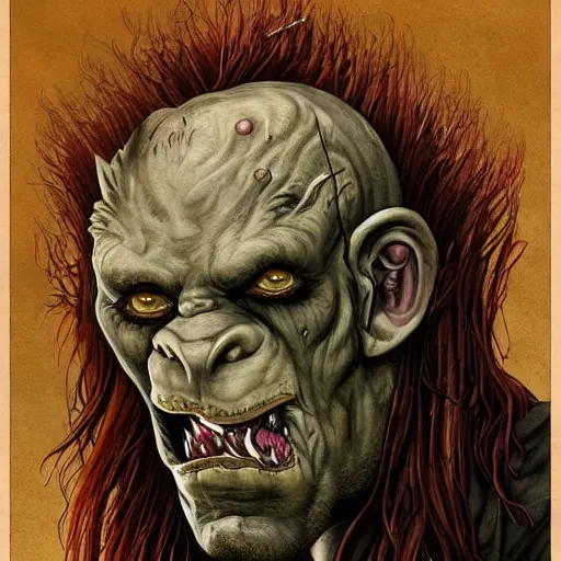 Image similar to grimpunk vile reprobate portrait portrait Cyclops Cyclops Cyclops Polyphemus Ogre grimaces with horrible tusks face nose septum ring ears tombow alexandre briclot Dave Dorman splatterpaint