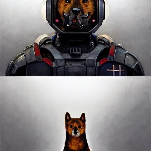 Prompt: movie : the expanse martian goliath black power armor fandom, anthropomorphic shiba inu, realistic scifi, portrait art by donato giancola and greg rutkowski, realistic face, visible face, digital art, artstation, symmetry