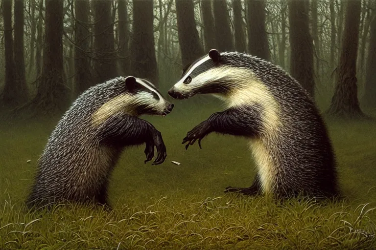 Image similar to photo, badgers having a fight, woodland location, stefan kostic and david cronenberg, realistic, sharp focus, 8 k high definition, intricate, chiaroscuro, elegant, perfect faces, symmetrical face, extremely detailed, hypnotic eyes, realistic, fantasy art, masterpiece zdzislaw beksinski, artgerm