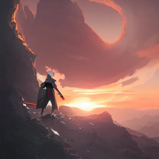 Prompt: a futuristic samurai warrior standing edge of the cliff, sun in the background, epic concept art, bold, sharp, beautiful, trending on artstation