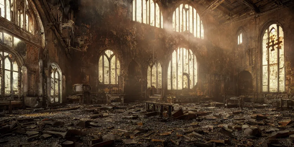 Image similar to fallout 5, indoors dilapidated partially ruined church interior, rusted machinery, atmospheric lighting, painted, intricate, volumetric lighting, beautiful, daytime, sunny weather, slight overcast, golden hour, sharp focus, deep colours, ultra detailed, by leesha hannigan, ross tran, thierry doizon, kai carpenter, ignacio fernandez rios