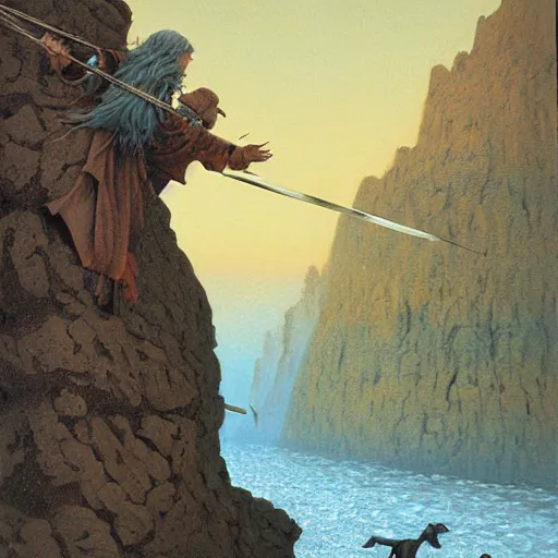 Image similar to Highly detailed oil painting of Gandalf fighting a monstrous Dachshund on a narrow rock bridge, underground, intricate artwork by Angus McBride, John Howe, Matthew Stewart, Ted Nasmith, heroic fantasy