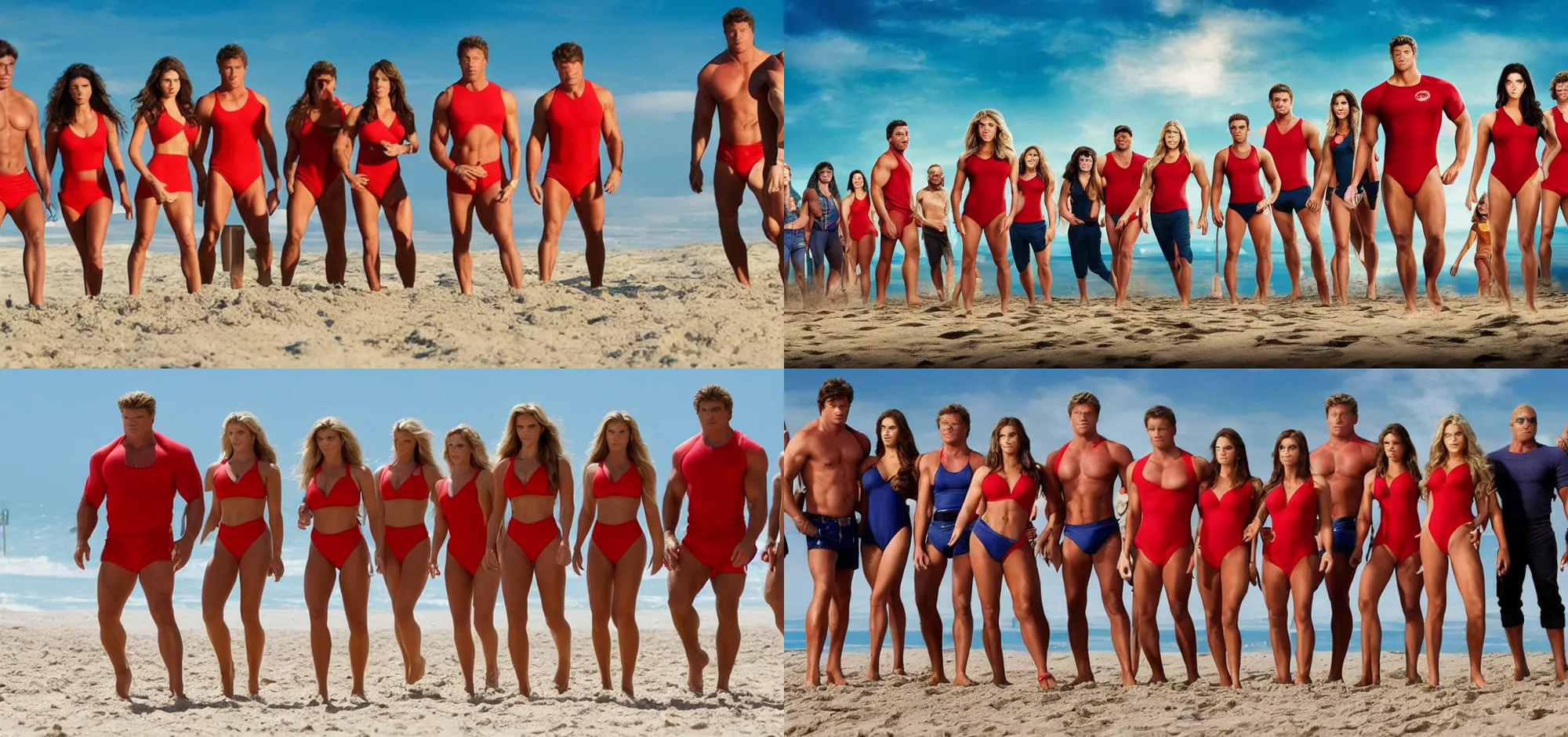 Prompt: the cast of baywatch looking for a watch in the sand, uhd, ultra detailed, beautiful, realistic,