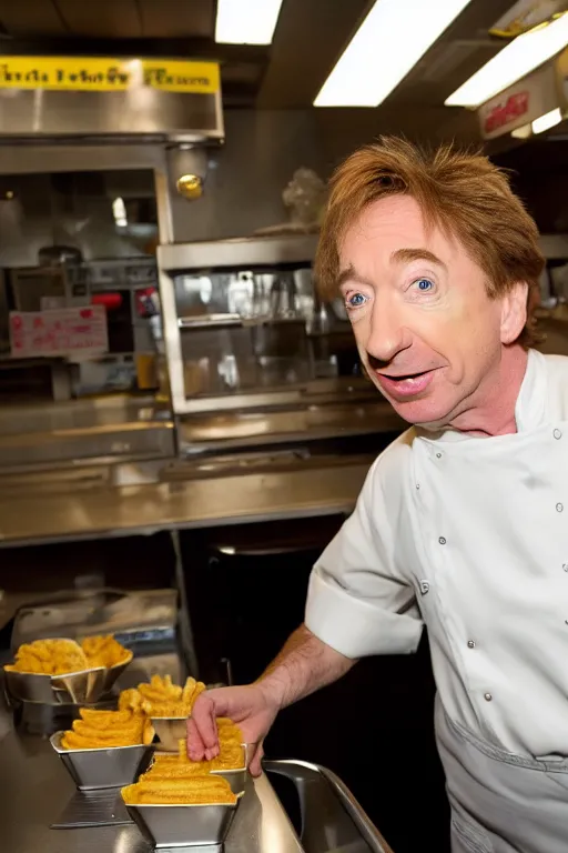 Prompt: martin short as an overweight line cook at waffle house, 3 5 mm, f / 2. 8, flash photography, full length, full resolution