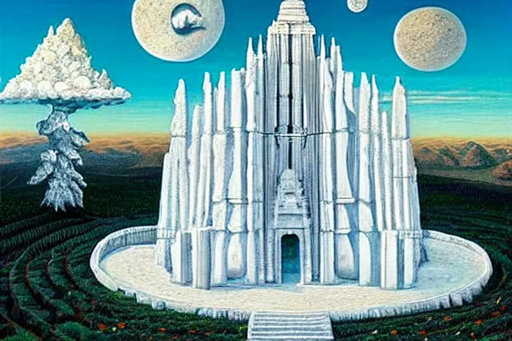 Prompt: the temple of truth is white, whole, holy and beautiful, but is surrounded by a crater of ruin and desolation. it's spire reaches up to the heavens and is topped with a gold statue. | painting by rob gonsalves. intricate detail. stark contrast. landscape painting. trending on artststion