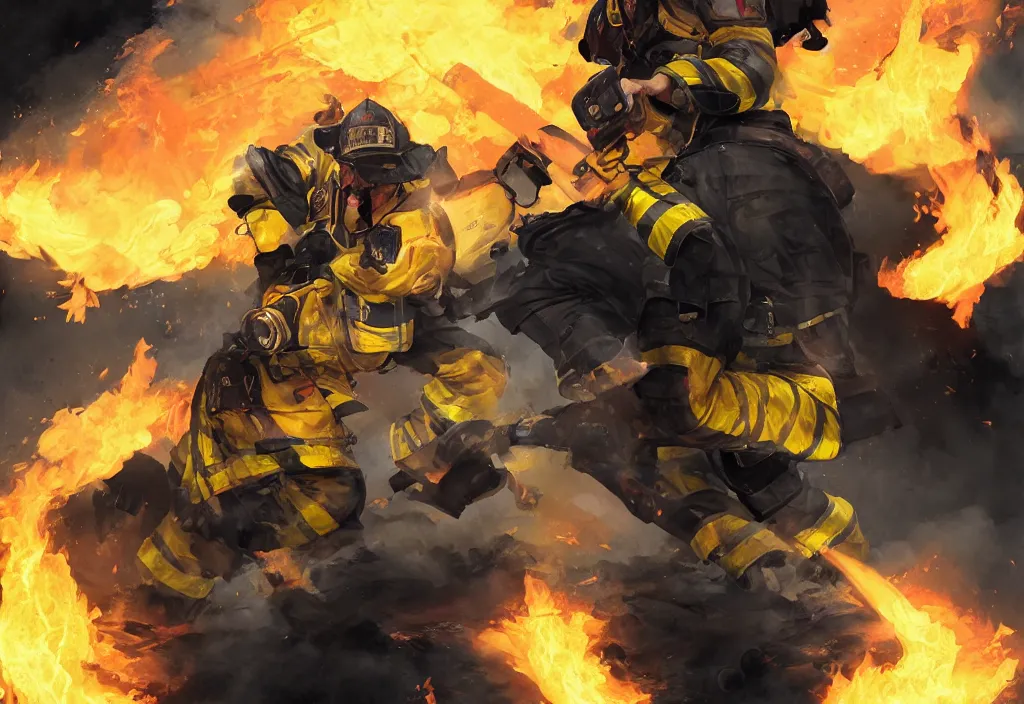 Image similar to heroic firefighter in action in black and yellow uniform, fire flames, sharp details, sharp focus, elegant, highly detailed, illustration, by jordan grimmer and greg rutkowski and pine ( ハイネ ) and 薯 子 imoko and 香 川 悠 作 and wlop and maya takamura, intricate