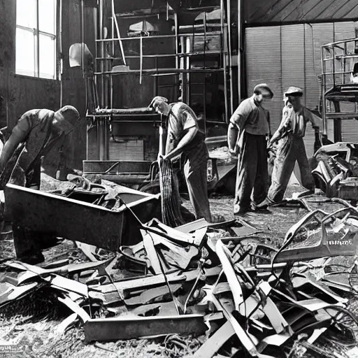 Image similar to photograph, men working in a machine shop sweeping up scrap metal, circa 1946