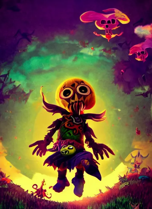 Image similar to skull kid from majoras mask floating in the air while looking at the viewer maniacally, legend of zelda fairy in the background, dramatic lighting, cinematic, film, dynamic pose, movie scene, colorful, dark art, concept art, 8K