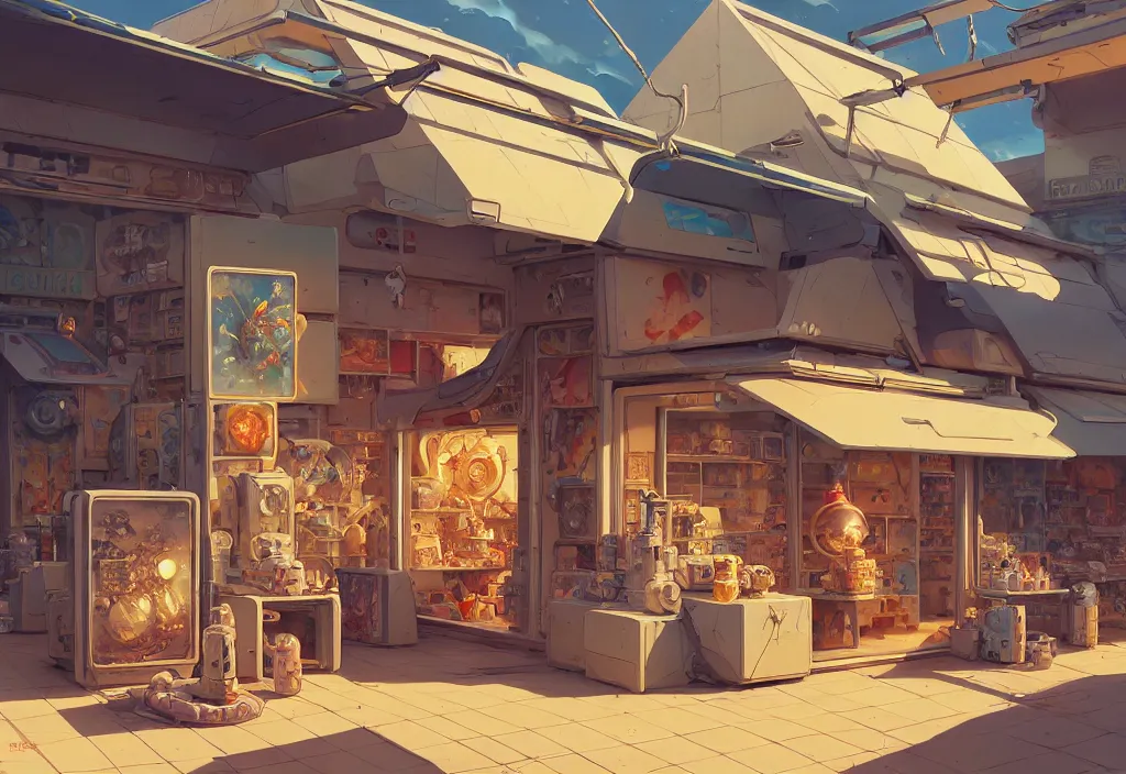 Image similar to chubby futuristic shop in the desert surrounded by two metal boxes, intricate oil painting, high detail illustration, sharp high detail, manga and anime 1 9 9 9, official fanart behance hd artstation by jesper ejsing and makoto shinkai, 4 k,