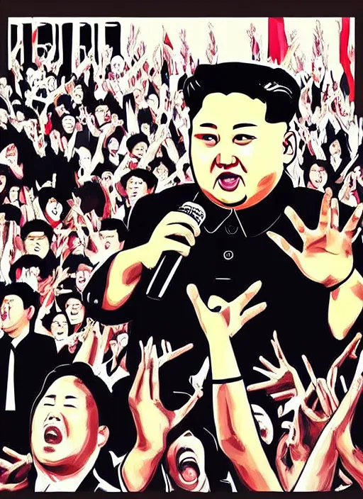 Prompt: “Kim Jong-Un with long black woman hair on a concert stage singing with a death metal band. Crowd of people watching. Spotlights, smoke. Artstation.”