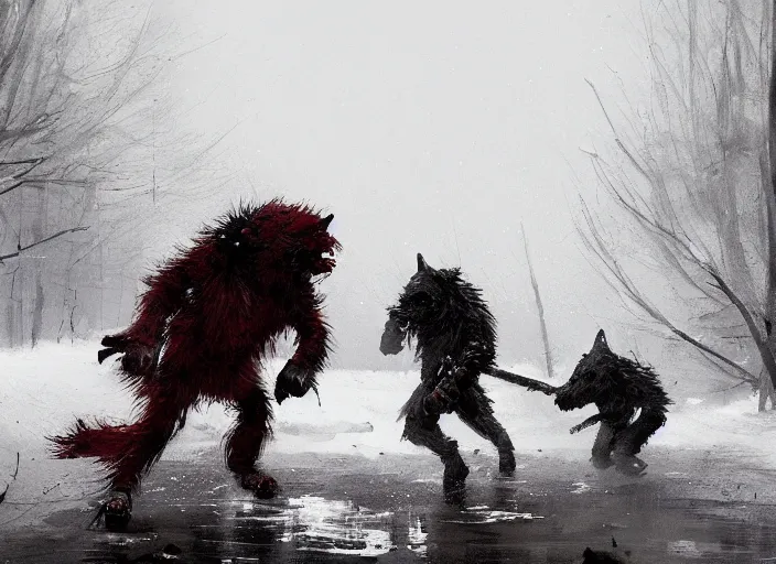 Prompt: jakub rozalski artstation, werewolves fighting in a snowstorm