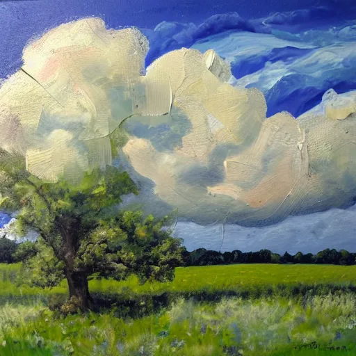 Prompt: oil paint impasto relief of sussex summer field, oak tree and cumulus clouds, thick heavy expressive paint