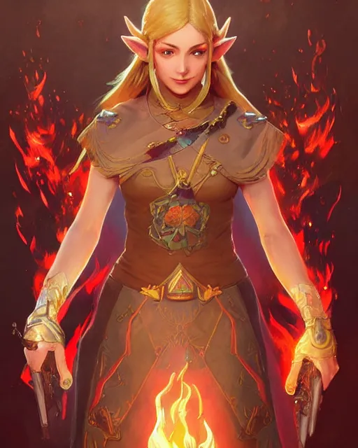 Image similar to zelda, full body photo, flames everywhere, highly detailed, digital painting, artstation, concept art, smooth, sharp focus, illustration, art by artgerm and greg rutkowski and alphonse mucha