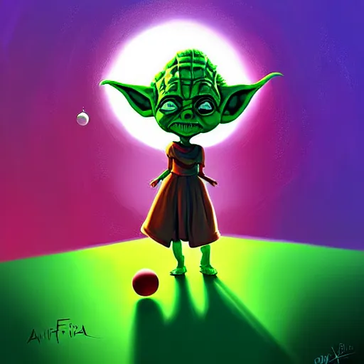 Prompt: curled perspective digital art of curly brown hair baby girl playing ball with yoda by anton fadeev from nightmare before christmas