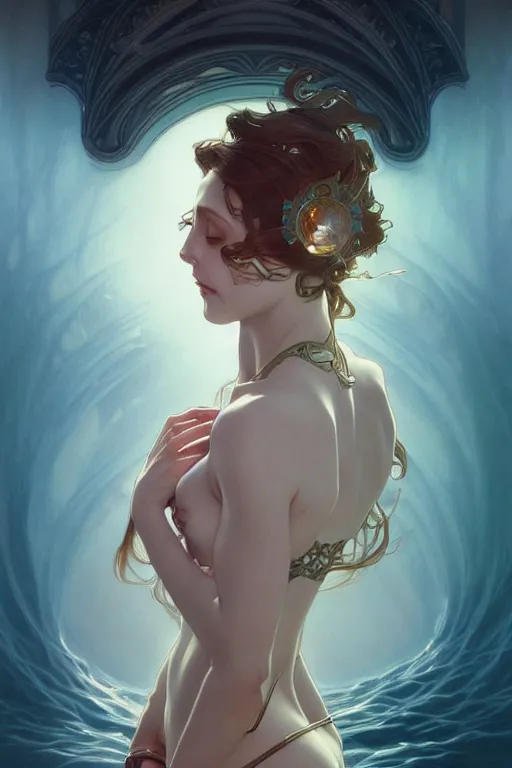 Image similar to ocean, dark fantasy, intricate, elegant, highly detailed, digital painting, artstation, concept art, matte, sharp focus, illustration, art by artgerm and alphonse mucha