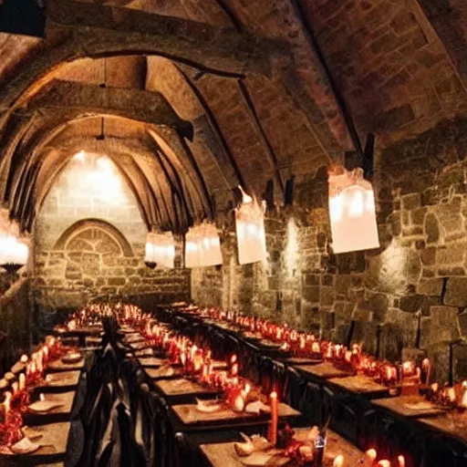 Image similar to feast for hundreds of people. candles, warm ambient light, hogwarts, beautiful, stone walls, hot food, delicious, steaming food on plates, gluttony