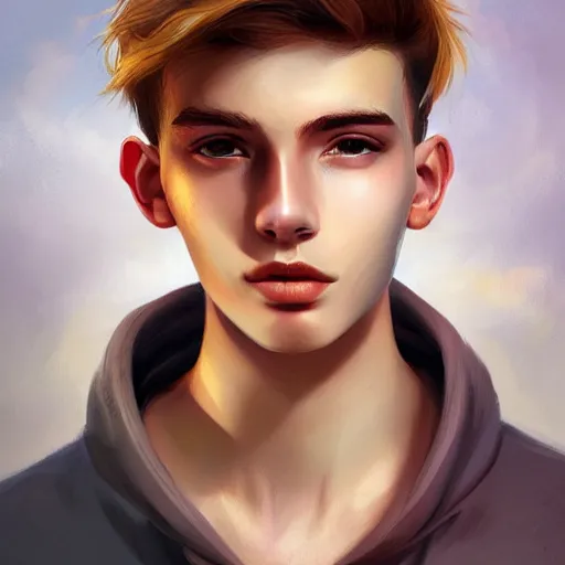 Image similar to colorful Captivating teenage boy with brown blond short quiff hair and thin slightly round facial structure with cleft chin, scruffy beard,bumpy nose, good definition of cheekbones, Alert brown eyes, narrow face, slim body, atmospheric lighting, painted, intricate, 4k, highly detailed by Charlie Bowater