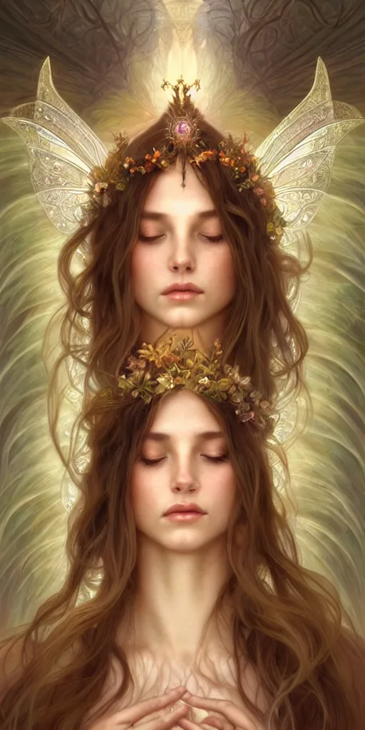 Image similar to fairy queen goddess feminine face meditation!! murky lighting, wind blowing, full body portrait, blessed by nature, physical mental perfection, symmetrical! intricate, sensual, highly detailed, biblical divine holy perfection!! digital painting, artstation, concept art, smooth, sharp focus, by artgerm and greg rutkowski and alphonse mucha