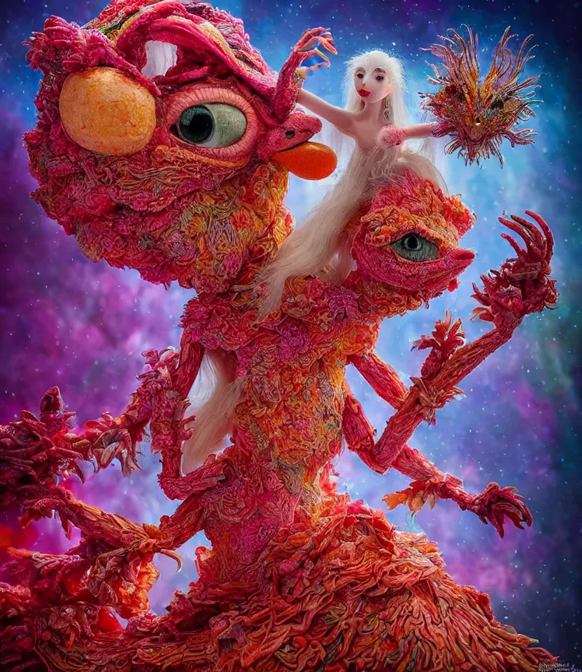 Prompt: hyper detailed 3d render like a Oil painting - kawaii portrait of lovers Aurora (a beautiful girl skeksis muppet fae princess protective playful expressive acrobatic from dark crystal that looks like Anya Taylor-Joy) seen red carpet photoshoot in UVIVF posing in scaly dress to Eat of the Strangling network of yellowcake aerochrome and milky Fruit and His delicate Hands hold of gossamer polyp blossoms bring iridescent fungal flowers whose spores black the foolish stars by Jacek Yerka, Ilya Kuvshinov, Mariusz Lewandowski, Houdini algorithmic generative render, golen ratio, Abstract brush strokes, Masterpiece, Edward Hopper and James Gilleard, Zdzislaw Beksinski, Mark Ryden, Wolfgang Lettl, hints of Yayoi Kasuma and Dr. Seuss, Grant Wood, octane render, 8k