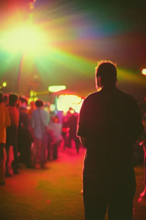 Image similar to agfa vista 4 0 0 photograph of a guy standing in the middle of a carnival, back view, synth vibe, vaporwave colors, lens flare, moody lighting, moody vibe, telephoto, 9 0 s vibe, blurry background, grain, tranquil, calm, faded!,