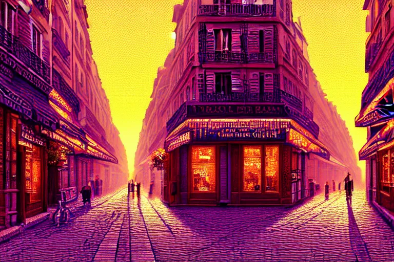 Prompt: a city street in paris under the dark sun, beautiful detailed pixelart by albertov, intricate details, beautiful, dithered gradients, volumetric lighting, cgsociety, artstation, smooth, sharp focus, 2 d illustration, amazing art by dan mumford