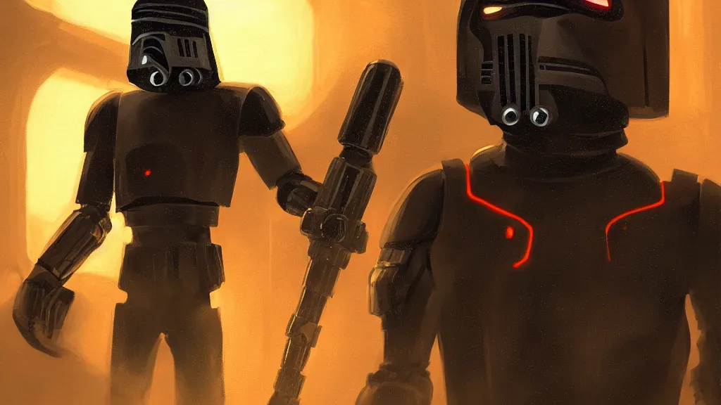 Prompt: A KX-Series security droid from star wars wearing a hooded cloak, he is wielding an orange lightsaber, dreamscape, dramatic lighting, fantasy art illustration, trending on artstation, Aetherpunk