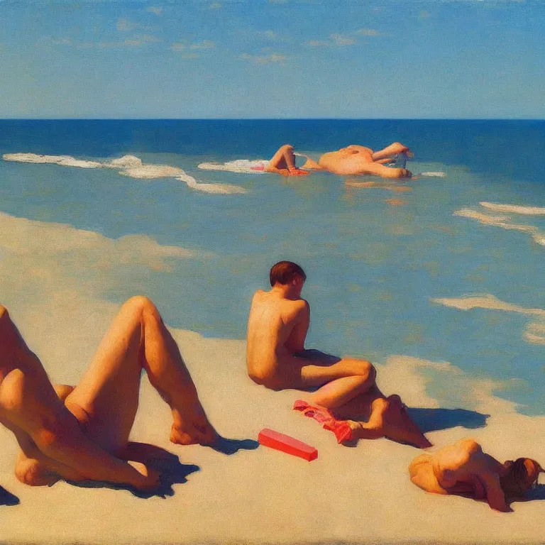 Prompt: sunbathing at the beach, Edward Hopper and James Gilleard, Zdzislaw Beksinski, Steven Outram highly detailed