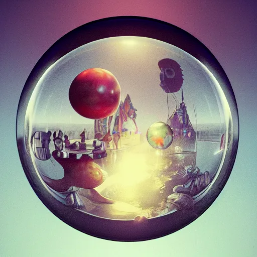 Prompt: ultra realist octane render of a floating transparent glass sphere filled with a dark curiosities carnival scene made by Tom Bagshaw, reflection and refraction, symmetry accurate features, very intricate details, artstation