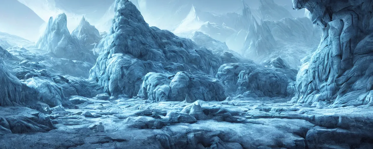 Image similar to ” glacier alien landscape, [ cold, cinematic, detailed, epic, widescreen, opening, establishing, mattepainting, photorealistic, realistic textures, octane render, art by slop and paul lehr ] ”