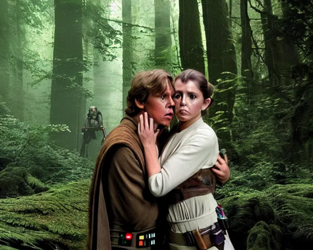 Image similar to luke skywalker, princess leia and han solo hugging and kissing in the forest of endor in a modern remake of return of the jedi