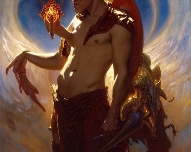 Image similar to attractive demonic male deity, casting magic, summoning handsome lucifer morning star. highly detailed painting by gaston bussiere, craig mullins, j. c. leyendecker 8 k