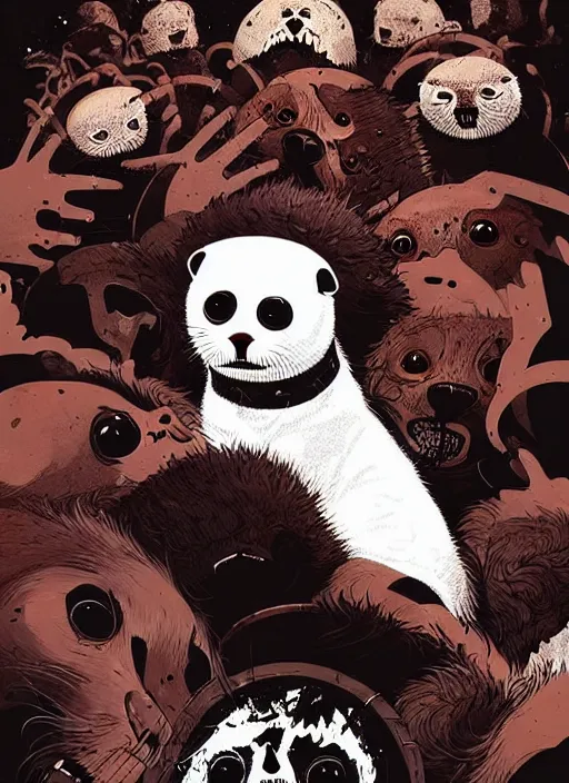 Prompt: highly detailed closeup portrait of a metal album cover with a furry white baby seal in a mosh pit by atey ghailan, by greg rutkowski, by greg tocchini, by james gilleard, by joe fenton, by kaethe butcher, gradient red, black, brown and white color scheme, grunge aesthetic!!! white graffiti tag wall background