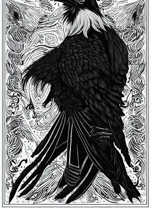 Image similar to warlock with the head of a raven, wind magic, exquisite details, black beard, white background, by studio muti