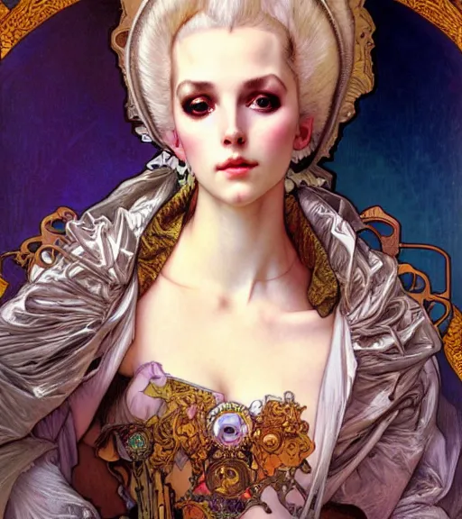 Prompt: realistic detailed face portrait of a young beautiful alien baroque cyberpunk queen marie antoinette by alphonse mucha, ayami kojima, amano, greg hildebrandt, and mark brooks, art nouveau, female, feminine, rococo cyberpunk, neo - gothic, gothic, character concept design