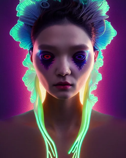 Image similar to an asymmetrical portrait of a bioluminescent patchwork doll, highly detailed, digital painting, cinematic, hyperrealism, dark retrowave, art by stanley lau and artgerm and magali villeneuve and alphonse mucha, artstation, octane render, cgsociety, james jean, victo ngai, david rubin, mike mignola